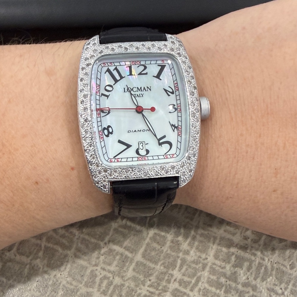 Locman Black Leather Watch with Diamond Accents